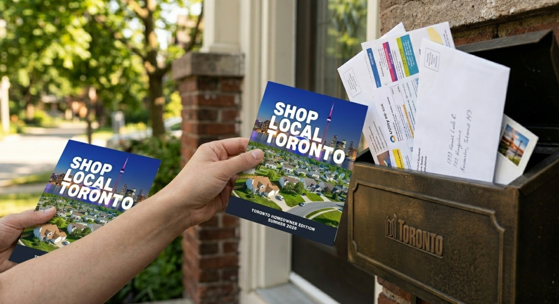 Hand holding a Shop Local Toronto flyer at a residential mailbox