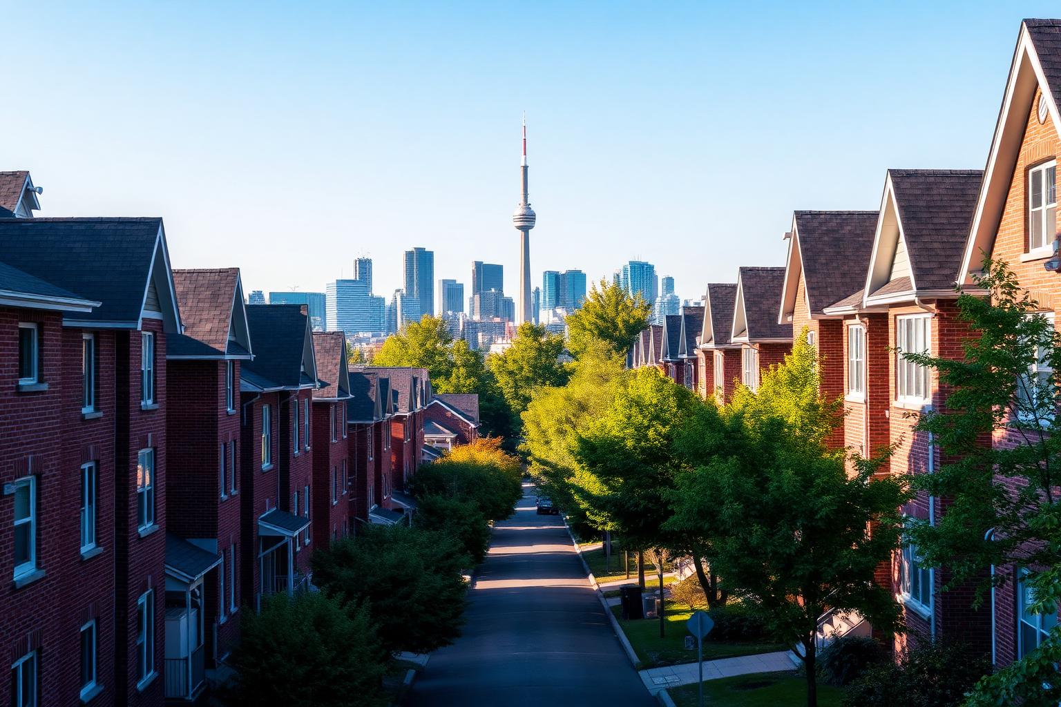 Toronto neighbourhood street with the downtown skyline in the distance